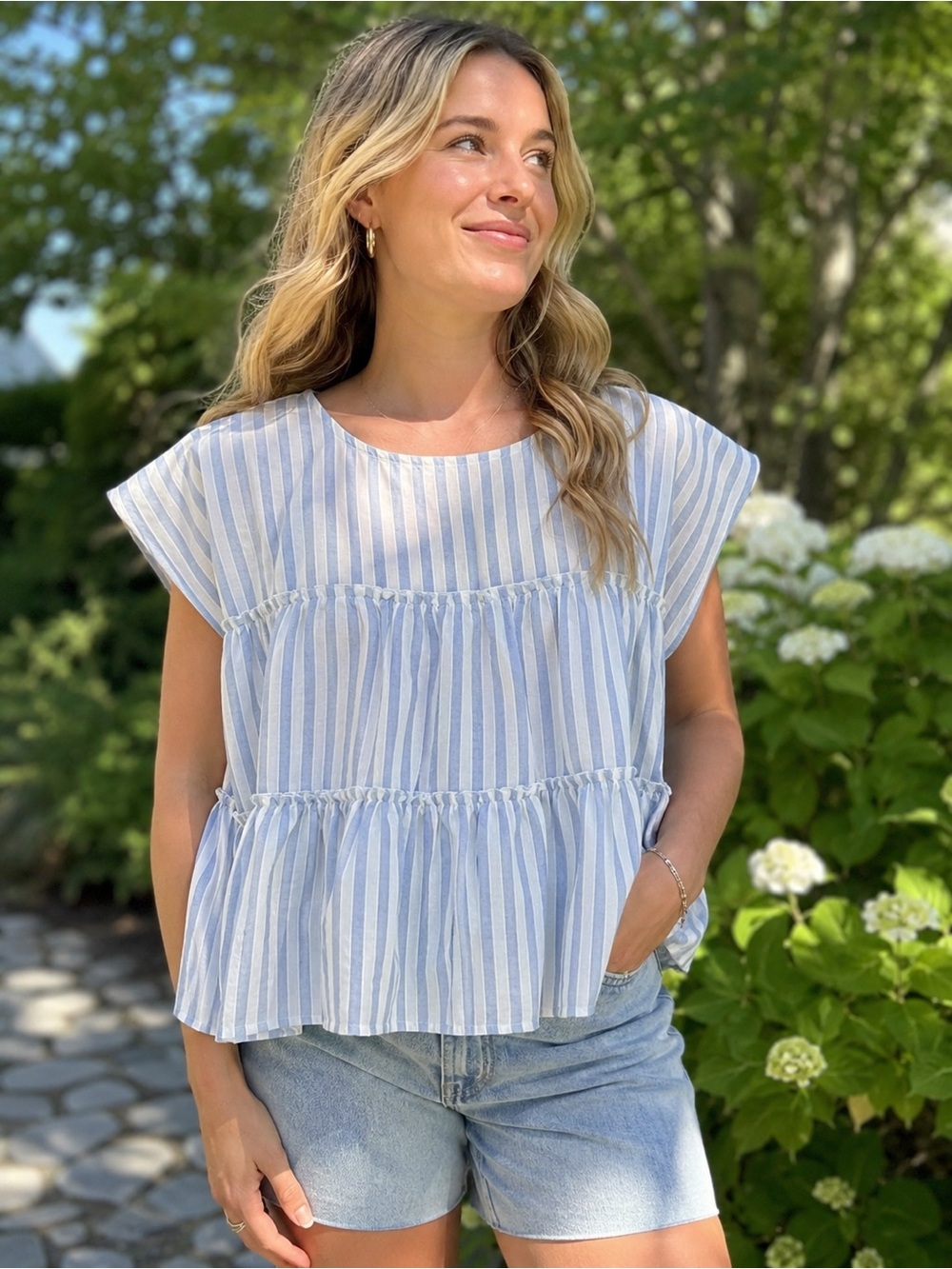 Altar’d State Blue & Ivory Striped Tiered Top NWT Small
